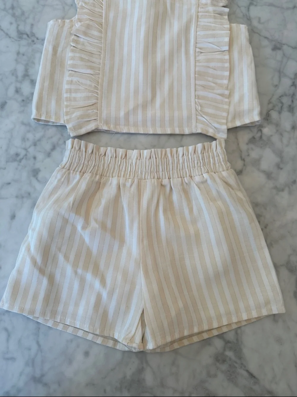 Btween Striped Ruffle Crop Top & Shorts Set - Cream and White 4Y - Picture 3 of 5